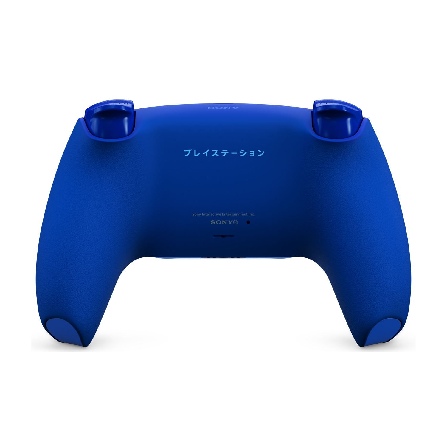 Vista posteriore del controller blu PlayStation 5 su sfondo bianco.