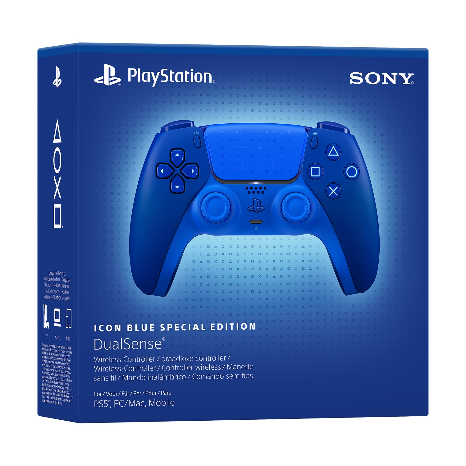 Un controller wireless blu PlayStation DualSense nella sua confezione, con un design elegante e simboli iconici.