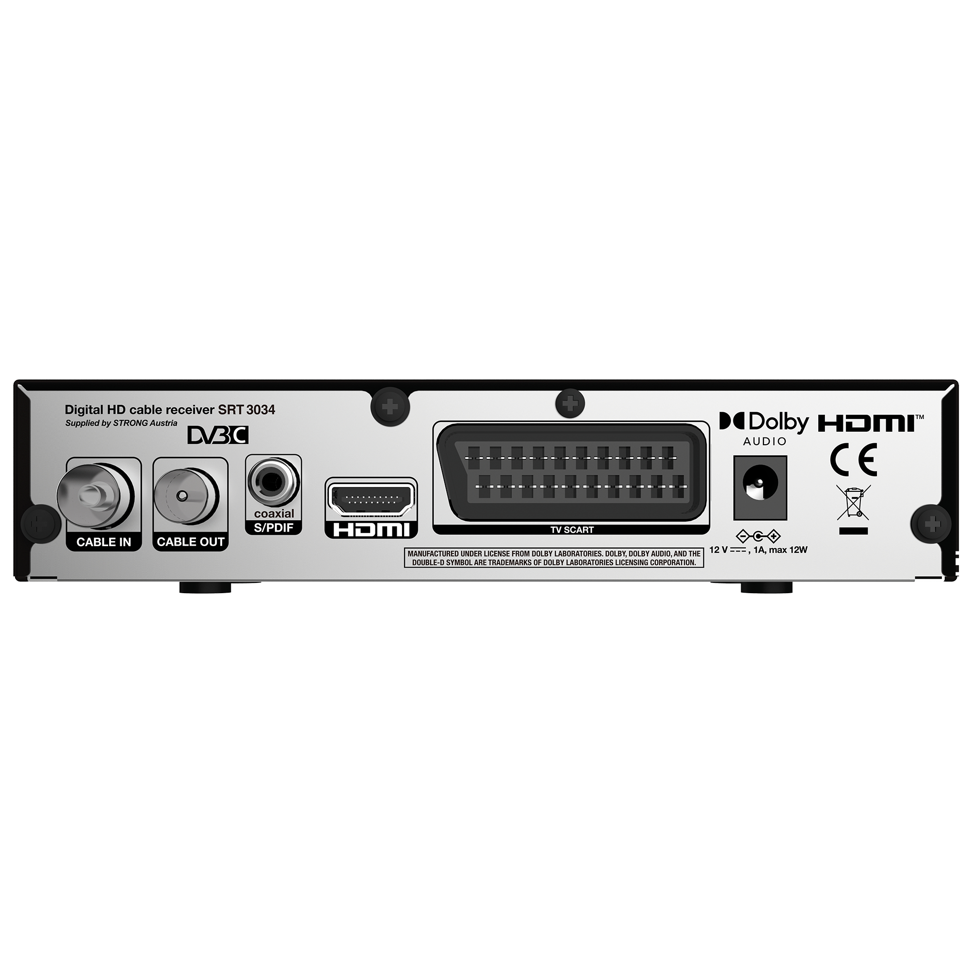 Rückseite des Digital-HD-Kabelreceivers SRT 3034 mit Kabel-, Koaxial-, HDMI- und Scart-Anschlüssen.