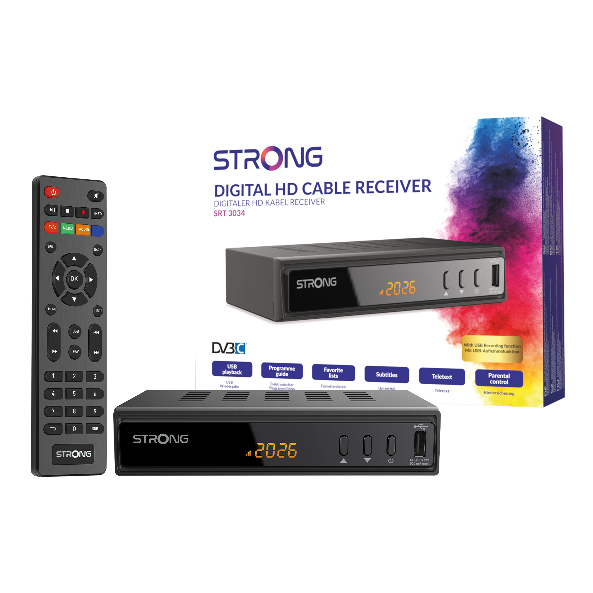 Starker digitaler HD-Kabelreceiver mit Fernbedienung und Verpackungskarton.
