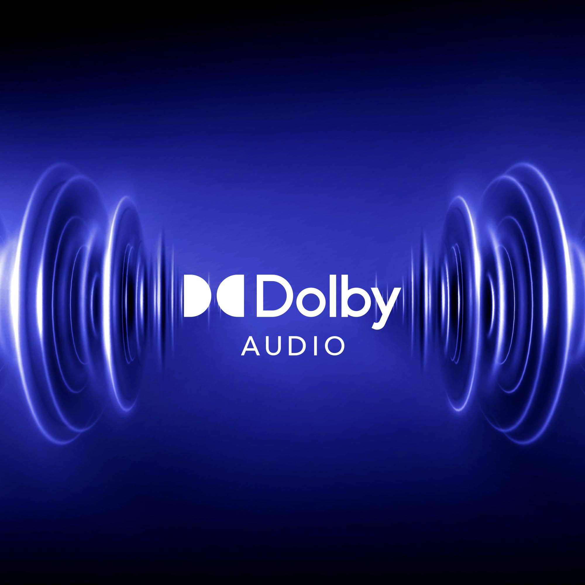 Dolby Audio Logo in Weiß auf blauem Hintergrund mit strahlenden Schallwellen.