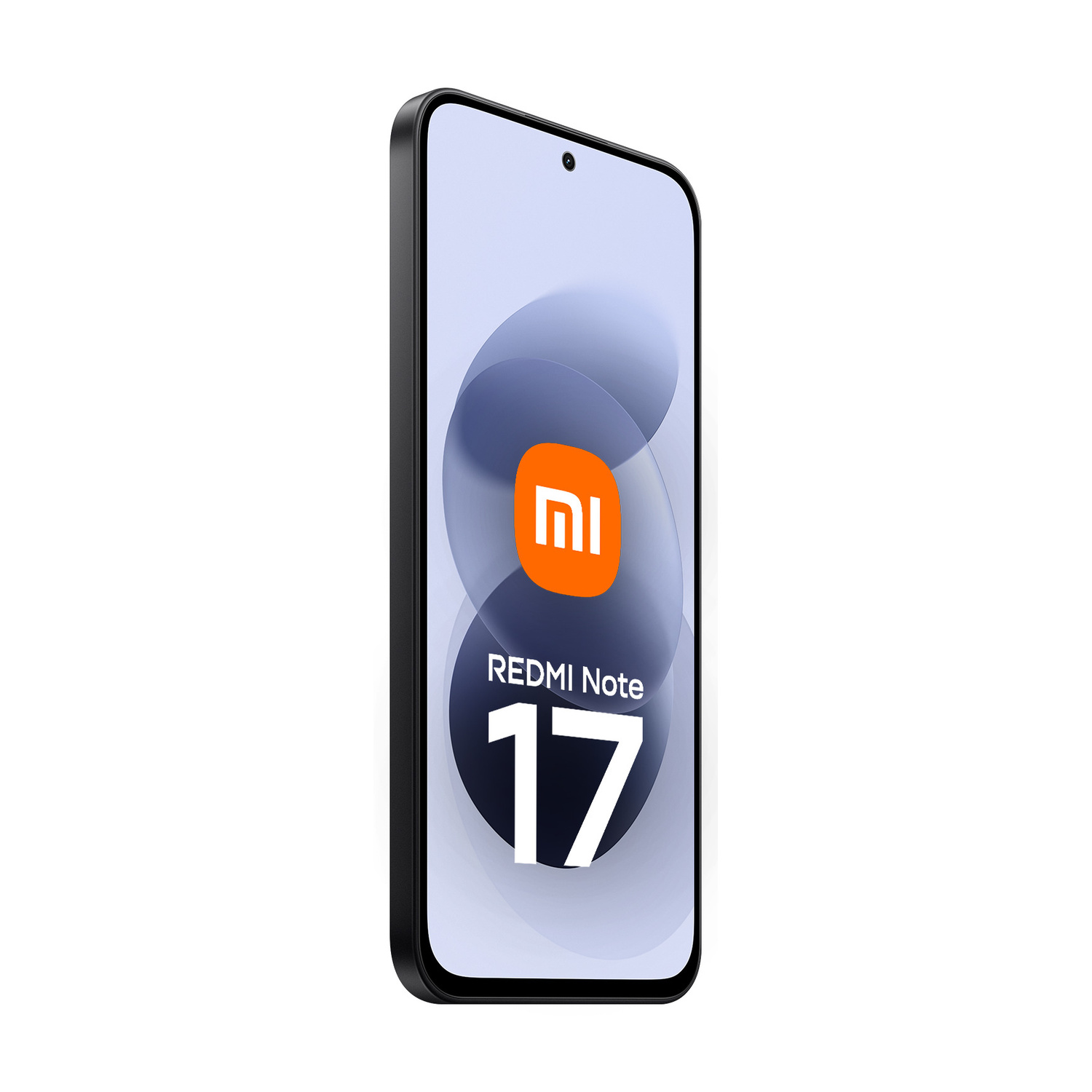 Uno smartphone nero Redmi Note 17 di profilo che mostra un logo arancione Xiaomi sullo schermo chiaro.