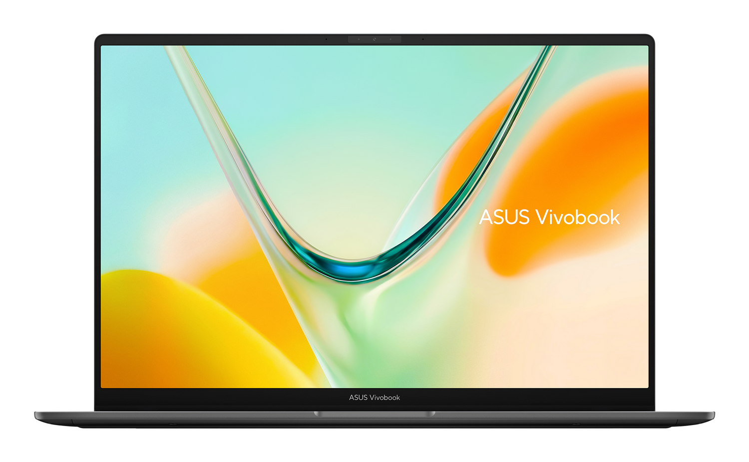 Vista frontal de una computadora portátil ASUS Vivobook con un fondo de pantalla abstracto y colorido en la pantalla.