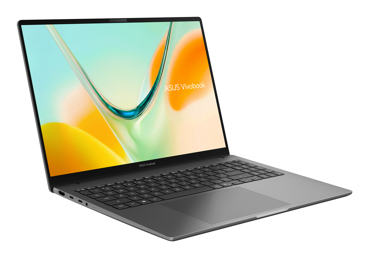 Un ordenador portátil ASUS Vivobook gris con pantalla colorida sobre fondo blanco.