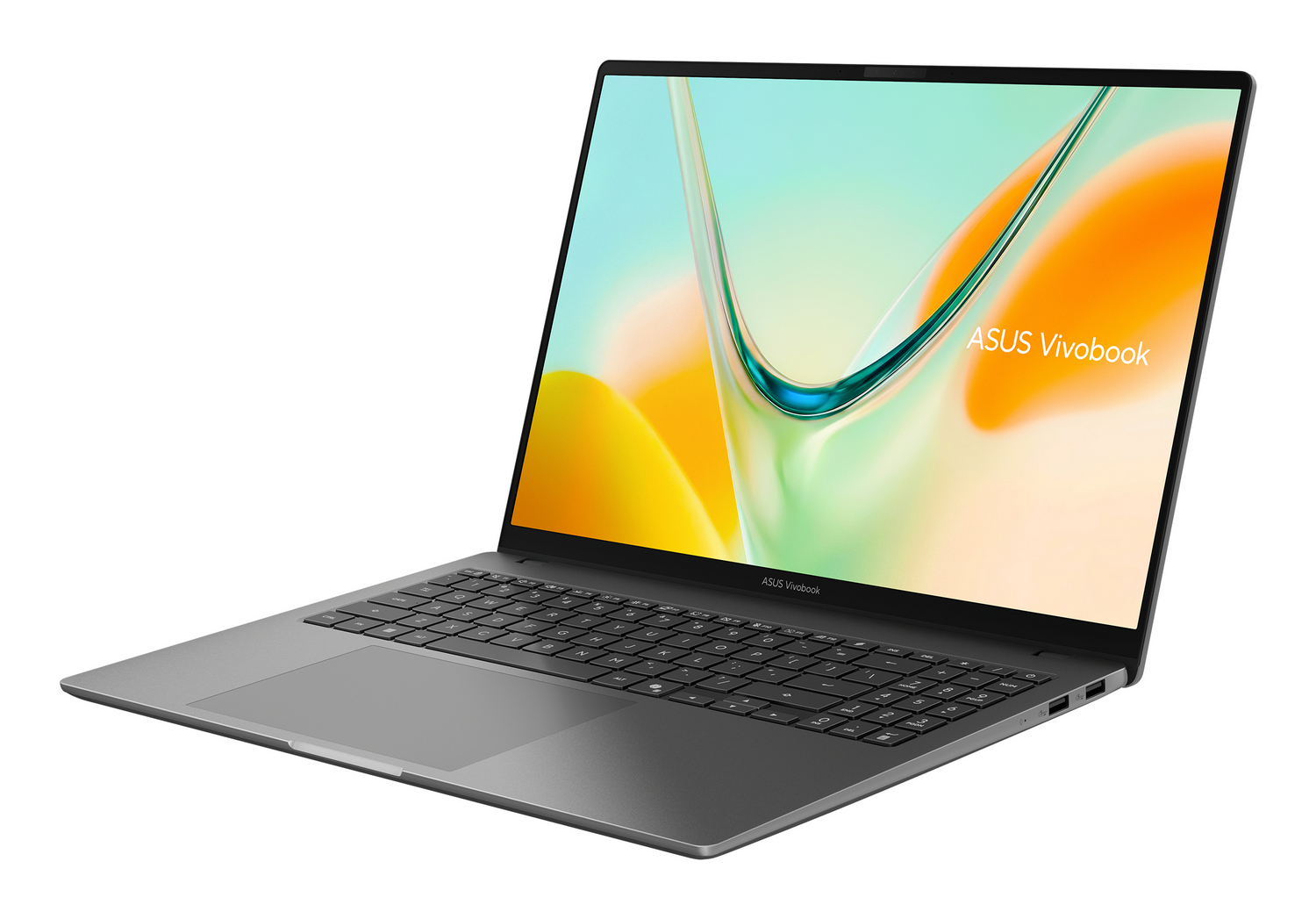 Un ordenador portátil gris Asus Vivobook sobre fondo blanco muestra un fondo de pantalla colorido y curvo.