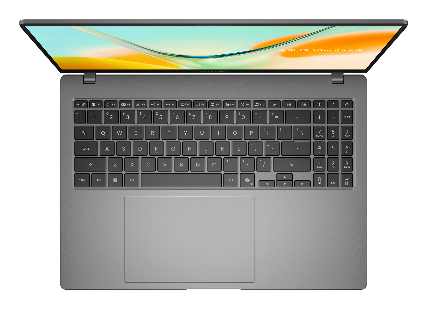 Portátil gris Asus Vivobook visto desde arriba, mostrando teclado y pantalla.