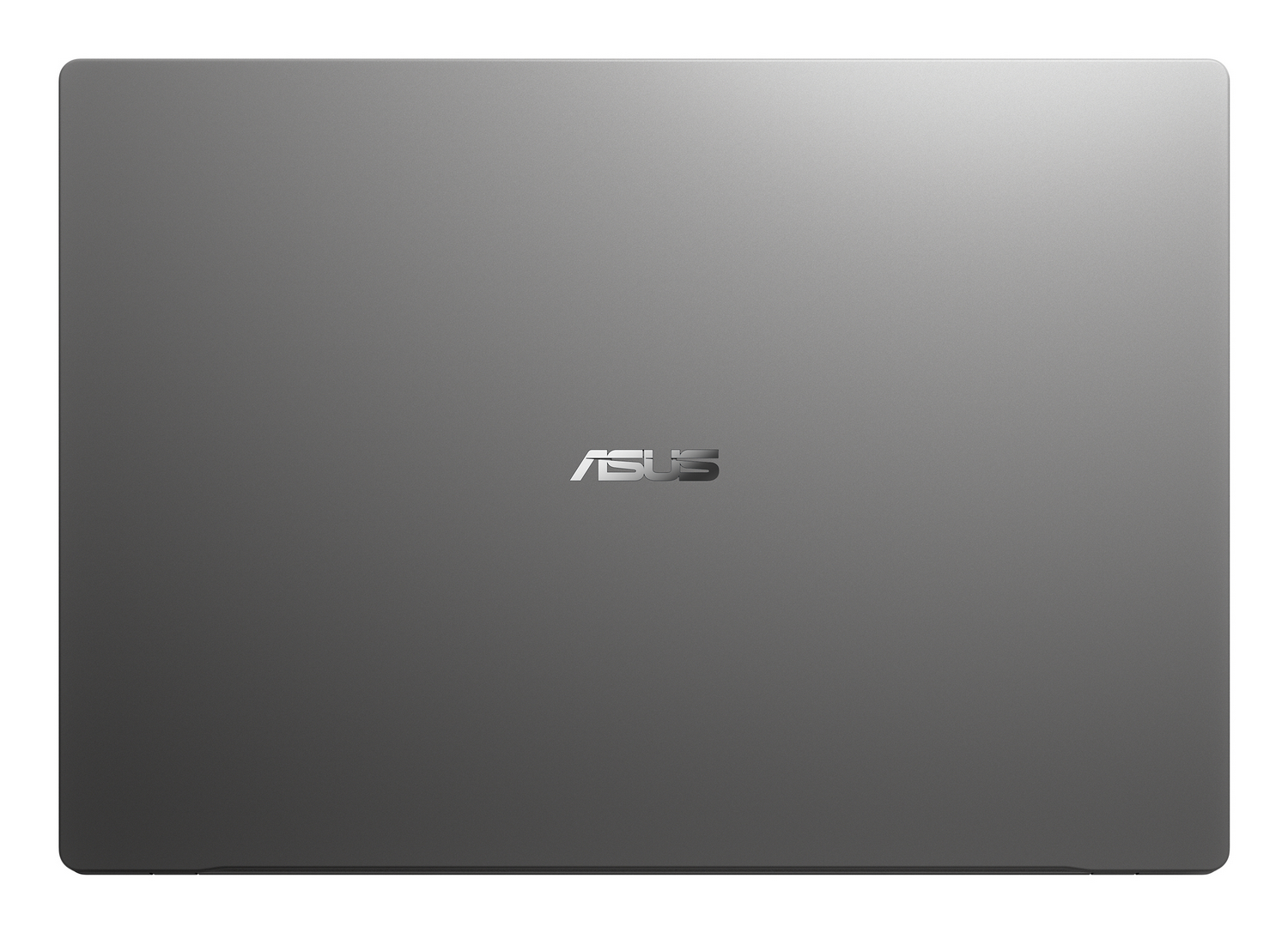 La tapa de aluminio gris cerrada de una laptop Asus muestra el logotipo plateado de la marca en el centro.