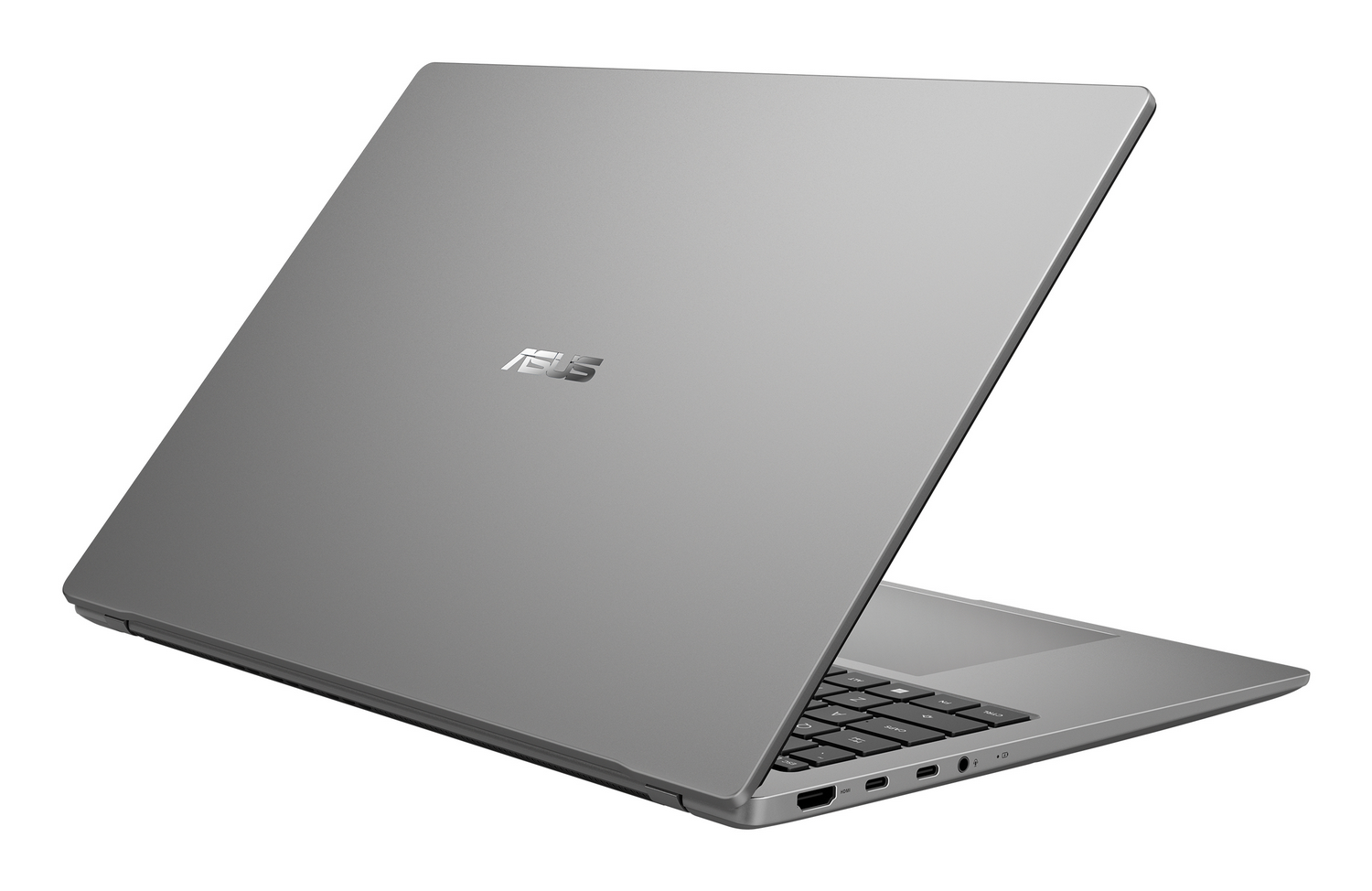 Un portátil ASUS plateado con la pantalla parcialmente abierta sobre un fondo blanco.