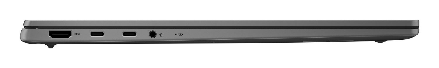 Vista lateral de un portátil gris que muestra un puerto HDMI, dos puertos USB-C y un conector de audio.