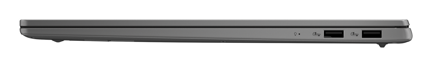 Vista lateral de un portátil gris con dos puertos USB y una luz indicadora de estado sobre fondo blanco.