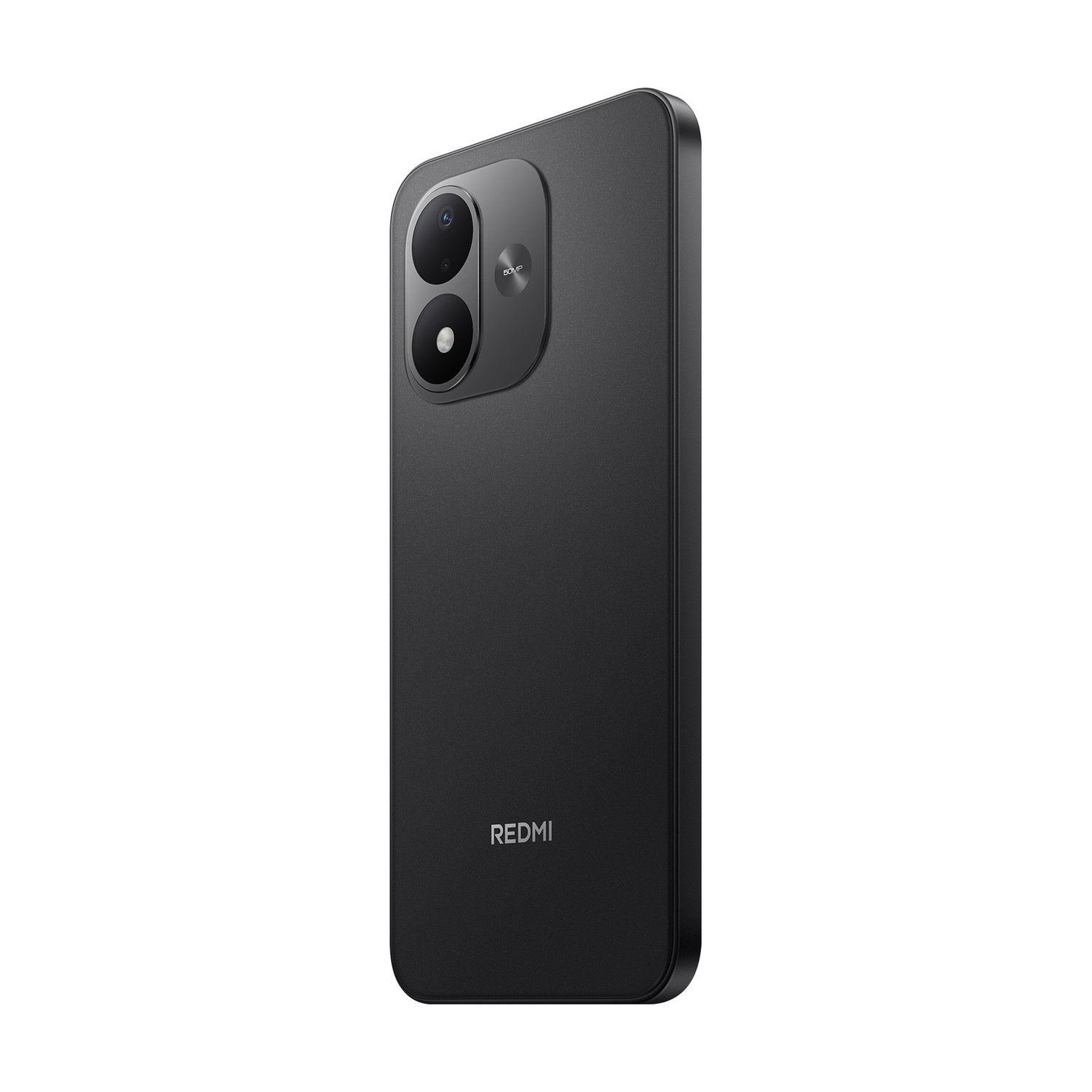 Uno smartphone Redmi nero leggermente inclinato, con doppia fotocamera e logo sul retro.