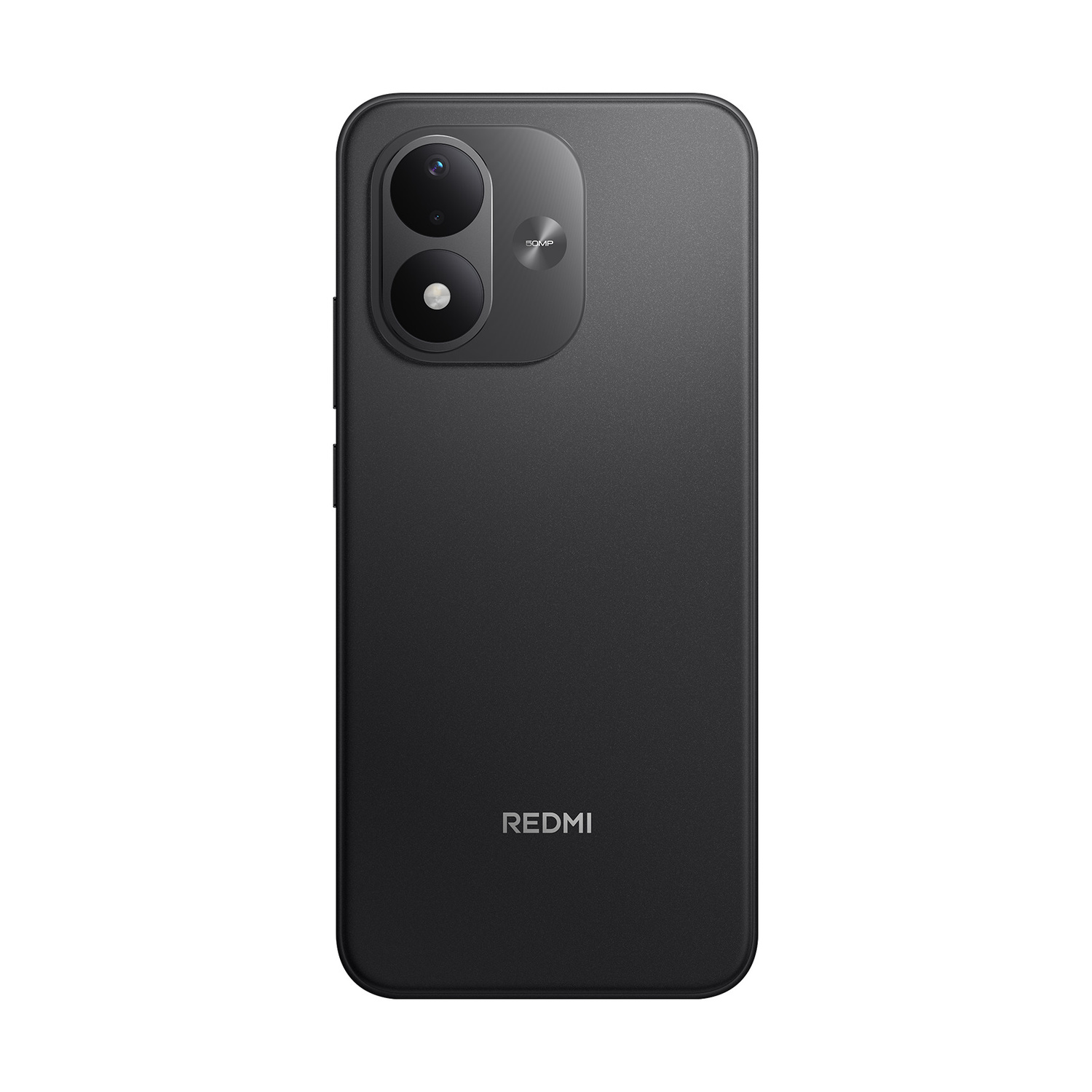 Retro di uno smartphone Redmi nero con doppia fotocamera in alto a sinistra e logo in basso.