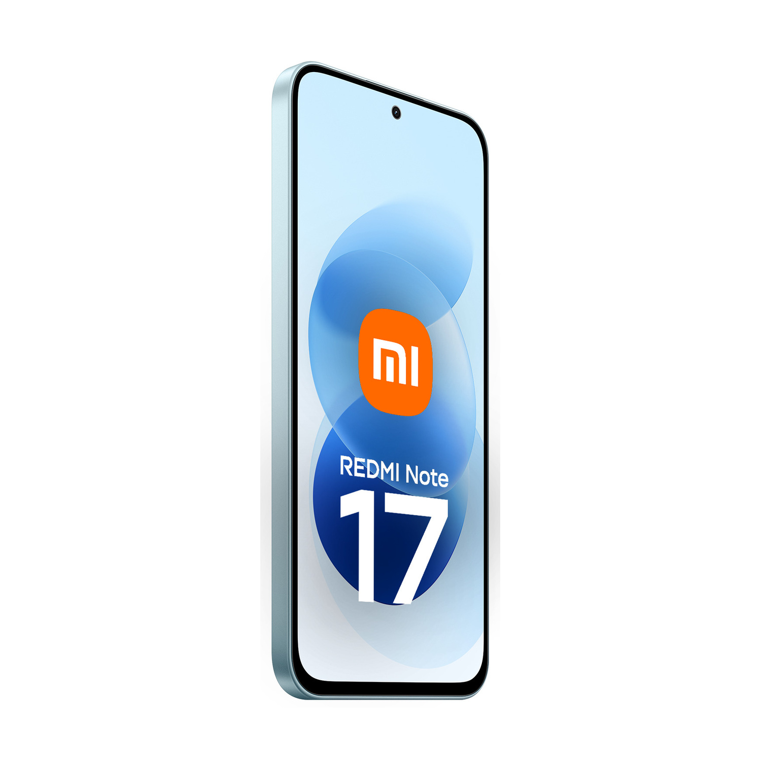 Uno smartphone Redmi Note 17 azzurro in orientamento verticale su sfondo bianco con logo aziendale e numero 17.