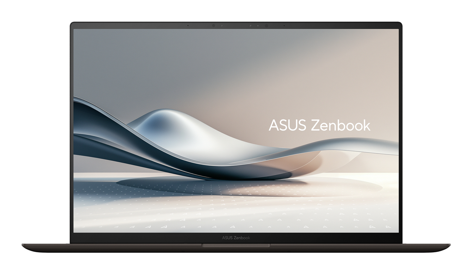 Un ordenador portátil ASUS Zenbook muestra un fondo abstracto plateado con el nombre de la marca en la pantalla.