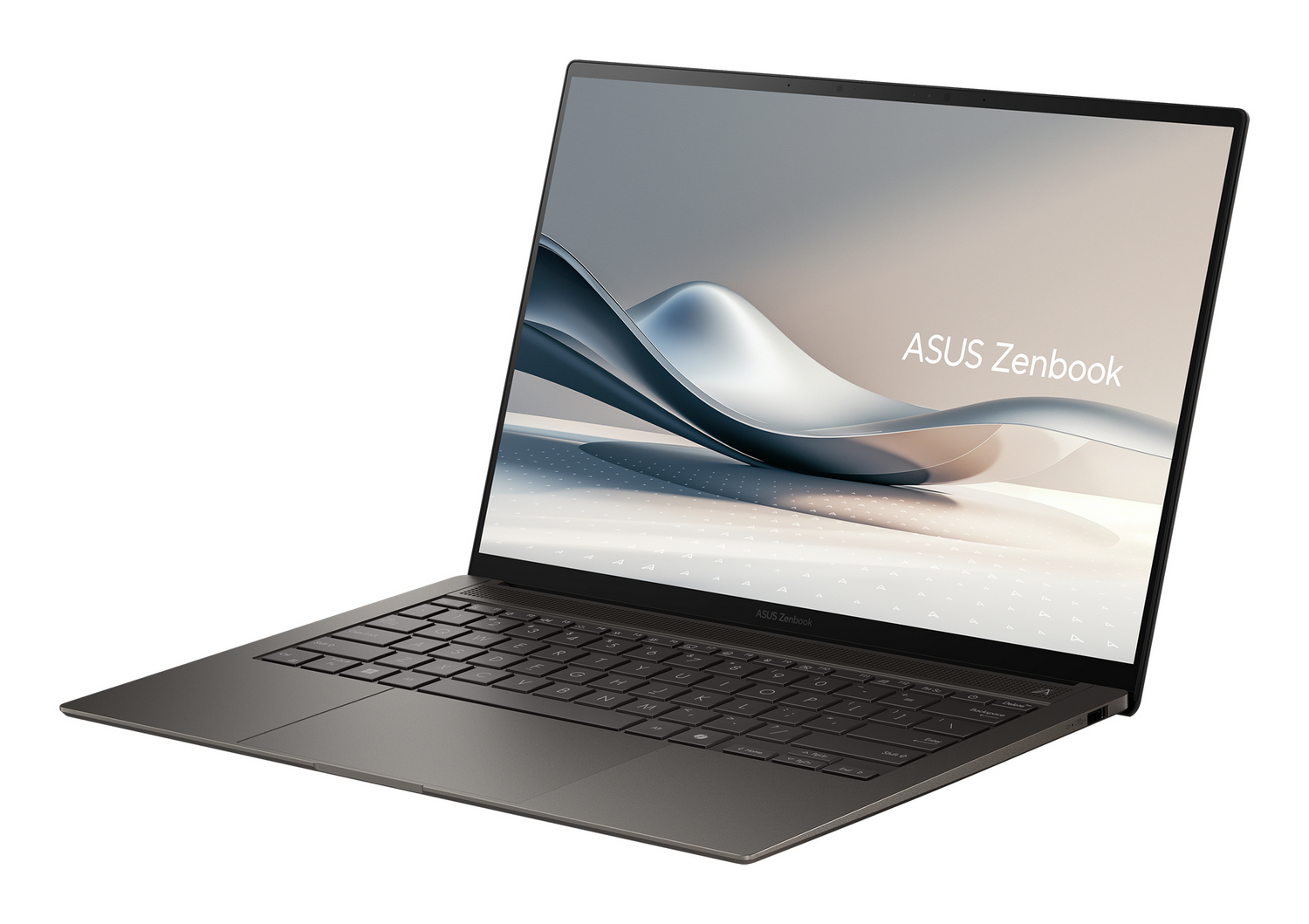 Una computadora portátil Asus Zenbook gris abierta sobre fondo blanco con un fondo de pantalla abstracto.