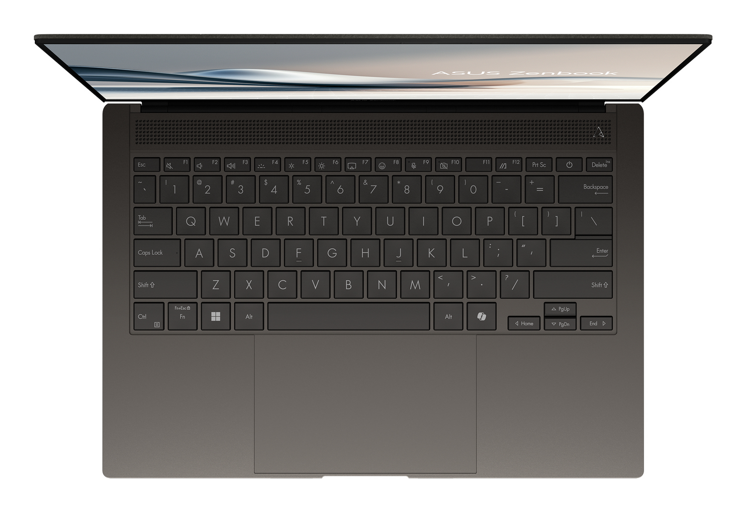 Vista superior de un portátil negro ASUS Zenbook con teclado, pantalla y panel táctil.