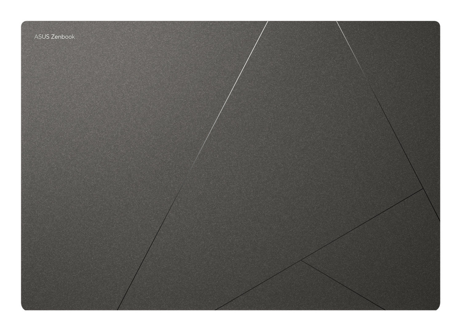 Tapa de portátil gris oscuro texturizada con líneas diagonales finas y logotipo de ASUS Zenbook en la esquina superior izquierda.