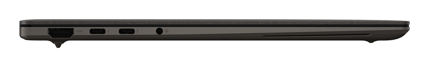 Vista lateral de un portátil oscuro con puerto HDMI, dos puertos USB-C y conector para auriculares.