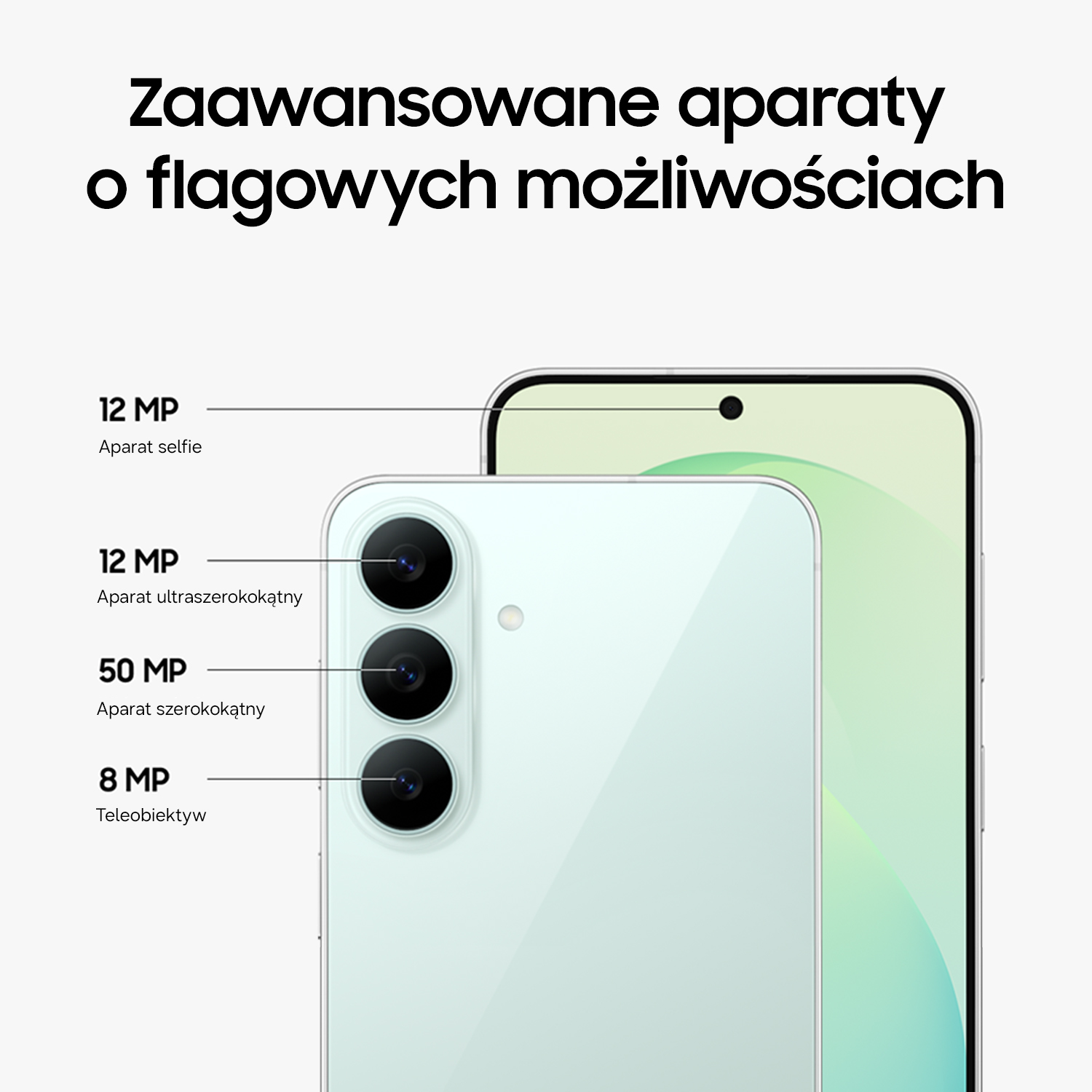 Specyfikacja aparatów w smartfonie: 12 MP selfie, 12 MP ultraszerokokątny, 50 MP szerokokątny i 8 MP teleobiektyw.