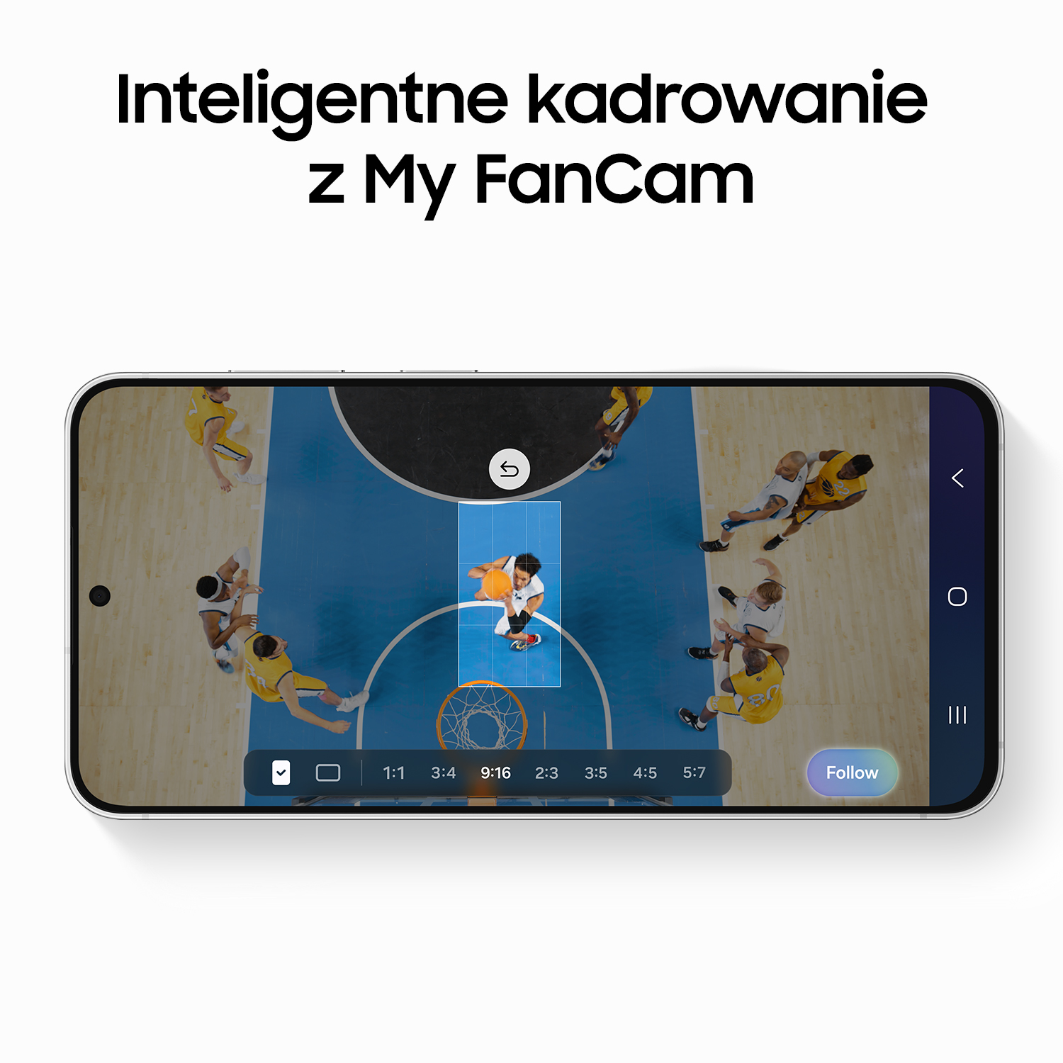 Ekran smartfona z widokiem meczu koszykówki i funkcjami kadrowania.