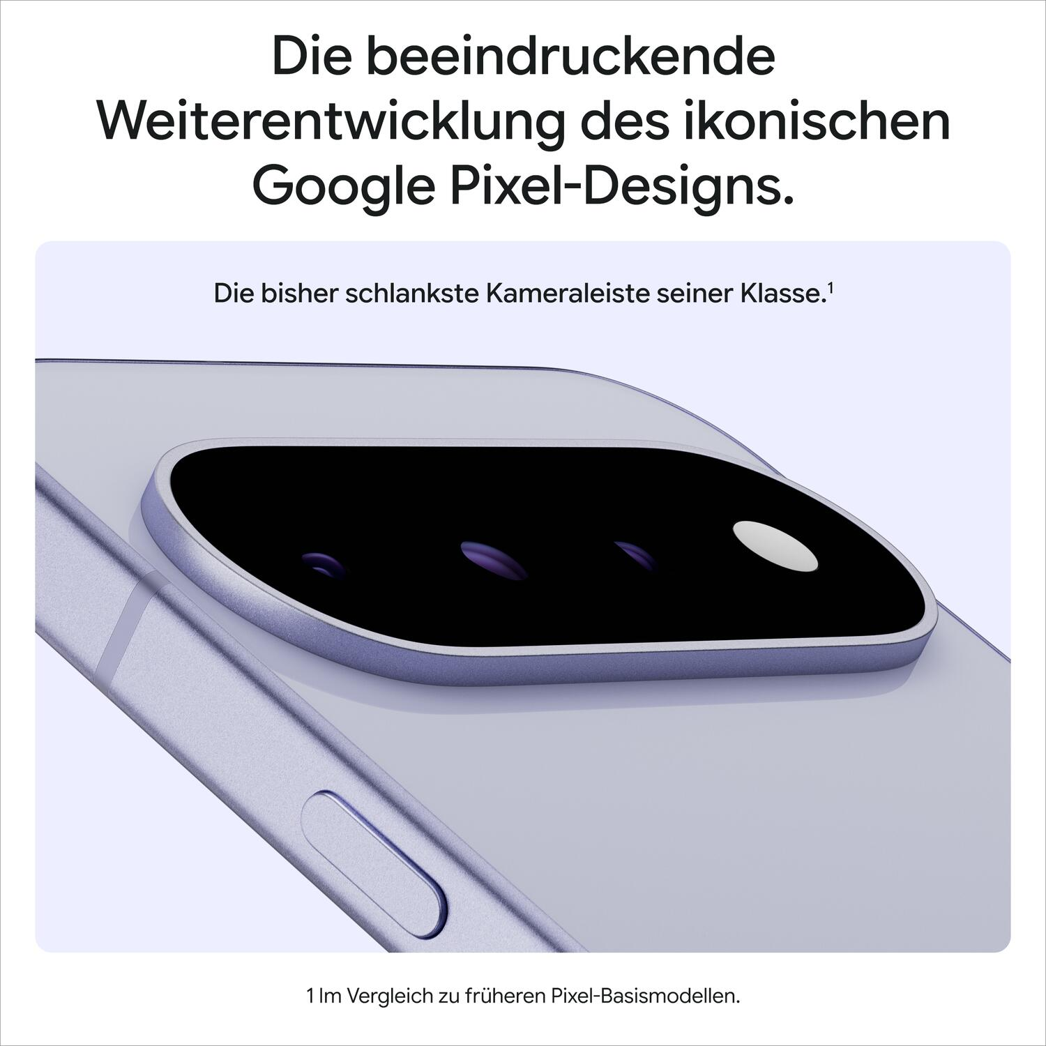 Nahaufnahme der schlanken Kameraleiste eines hellblauen Google Pixel Smartphones mit German Text.