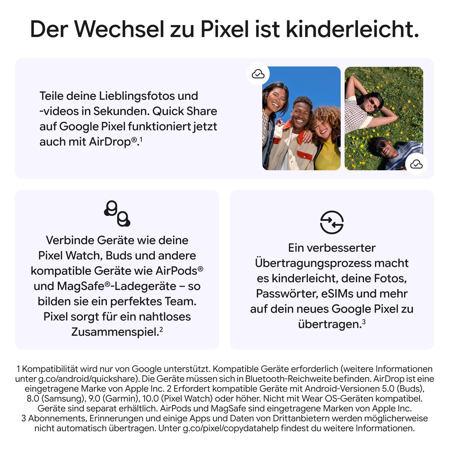 Werbegrafik für Google Pixel mit Text und Fotos von Menschen im Freien.