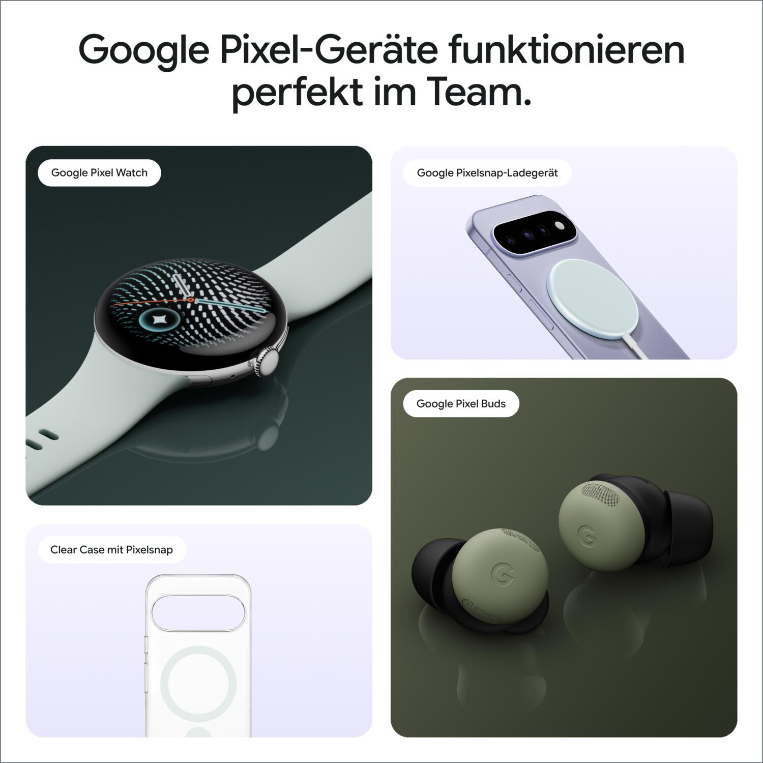 Werbebild mit Google Pixel-Geräten wie Watch, Ladegerät, Kopfhörern und Hülle.