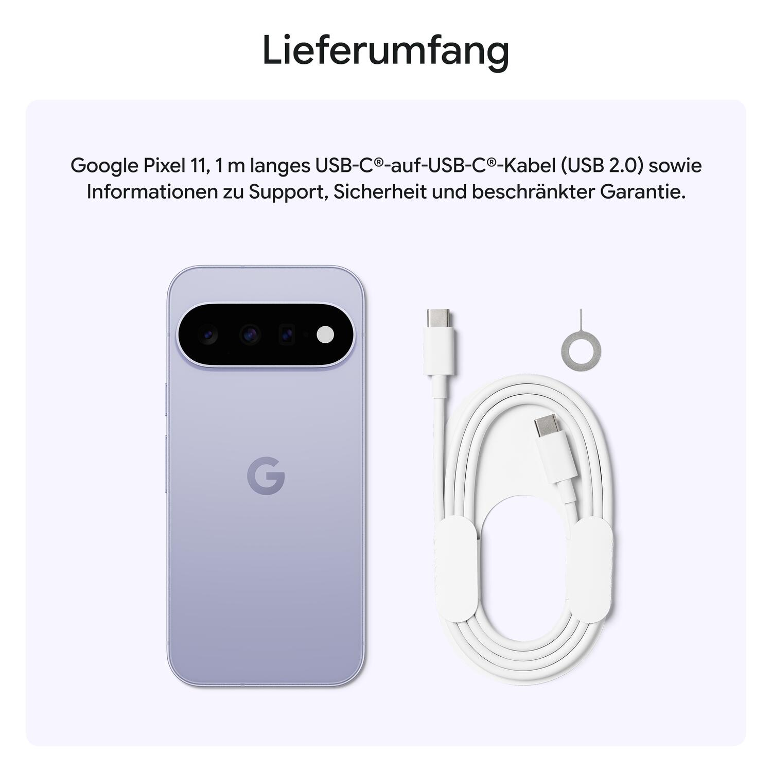 Lieferumfang: Ein Smartphone, ein USB-C-Kabel und ein SIM-Tool vor weißem Hintergrund.