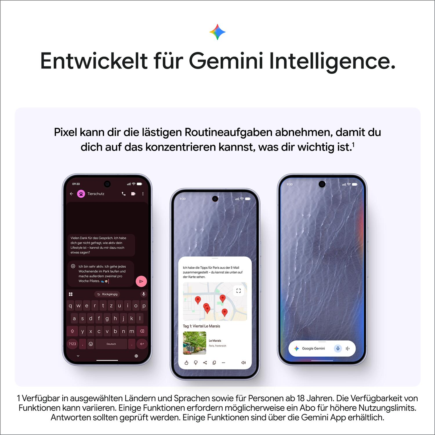Drei Smartphones zeigen Gemini-Intelligenz-Funktionen mit Chat, Karten und Sprachsuche auf dem Bildschirm.