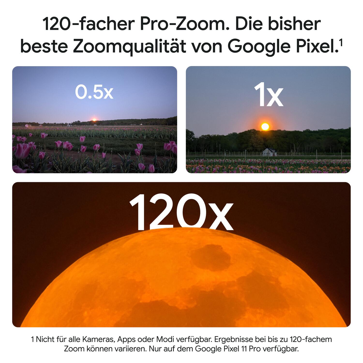 Drei Bilder zeigen die Zoom-Qualität mit 0,5x, 1x und 120x Vergrößerung eines Feldes und einer orangefarbenen Sonne.