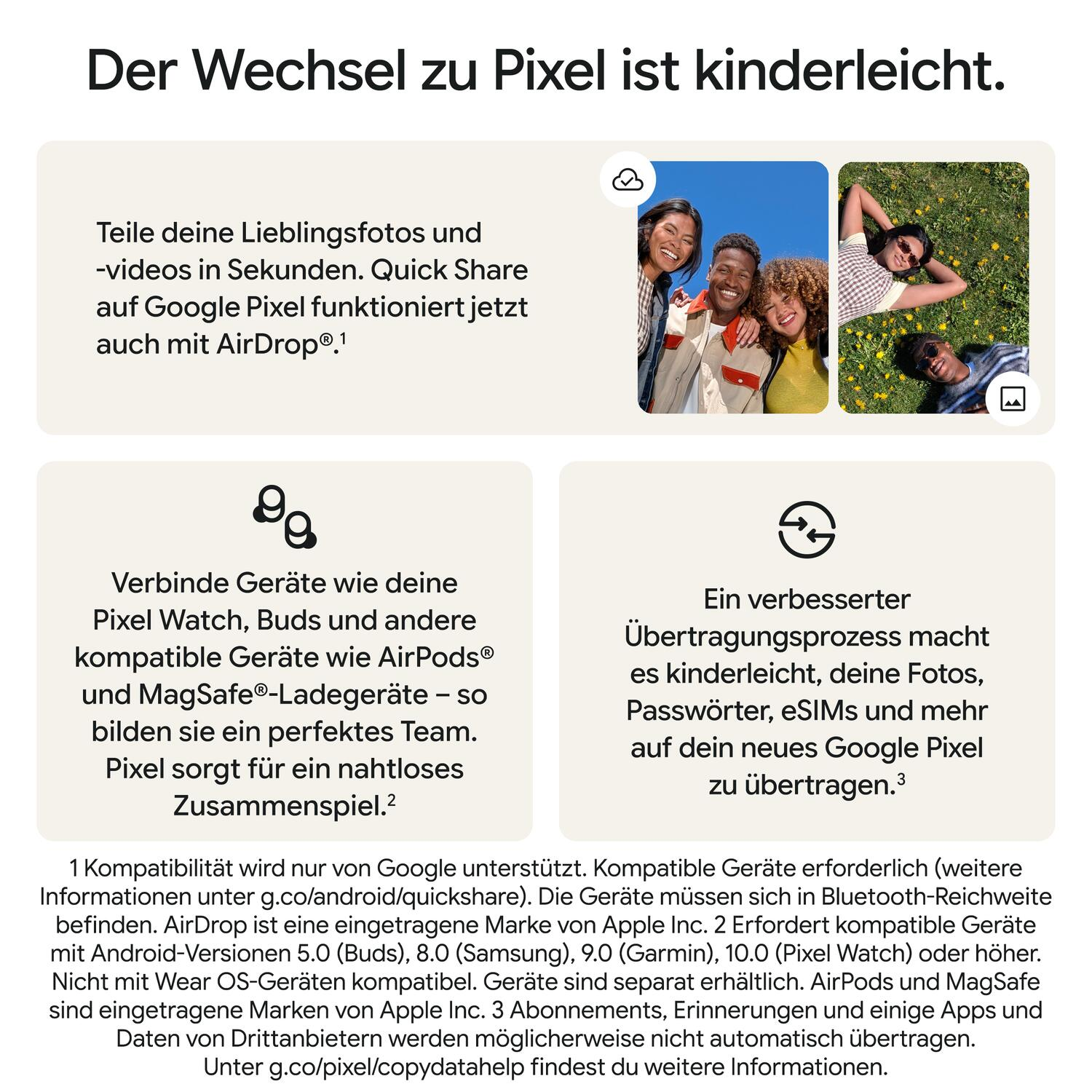 Informatives Bild zum Wechsel zu Google Pixel mit Details zu Quick Share, Geräteverbindung und Datenübertragung.