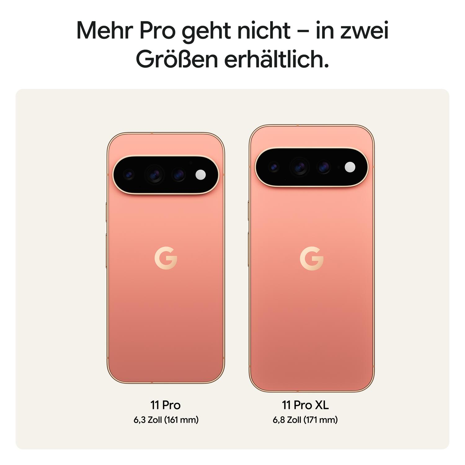 Zwei roségoldene Pixel 11 Pro Smartphones in verschiedenen Größen mit schwarzem Kameramalkopf, von hinten auf hellem Hintergrund.