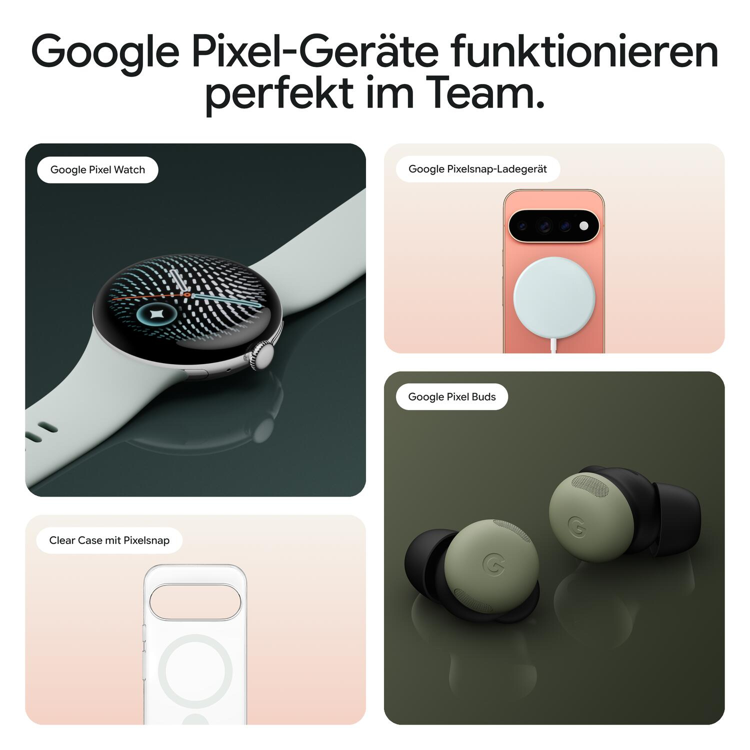 Google Pixel-Geräte wie Watch, Buds und Ladegerät in einer Werbegrafik.