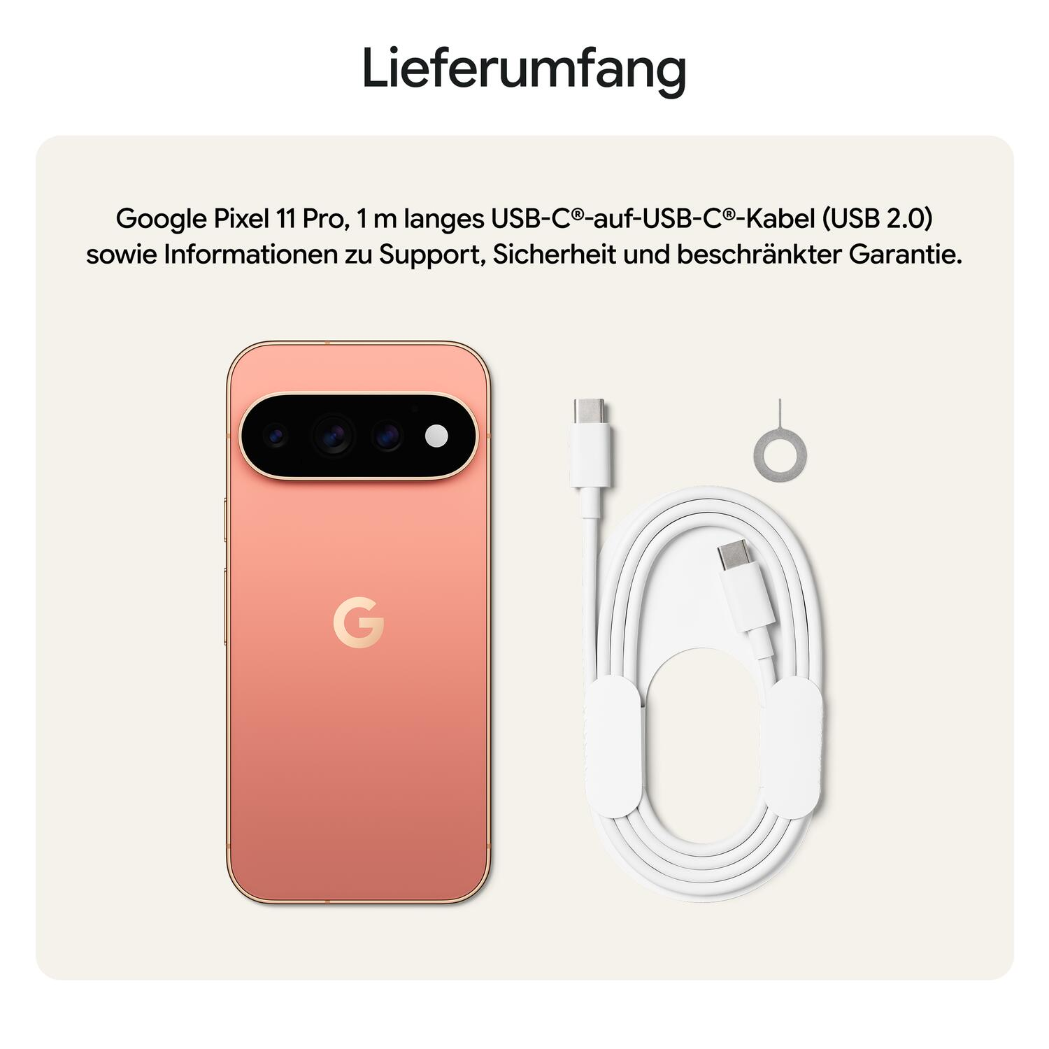 Lieferumfang: Ein pinkes Smartphone, ein weißes USB-C-Kabel und ein SIM-Tool.