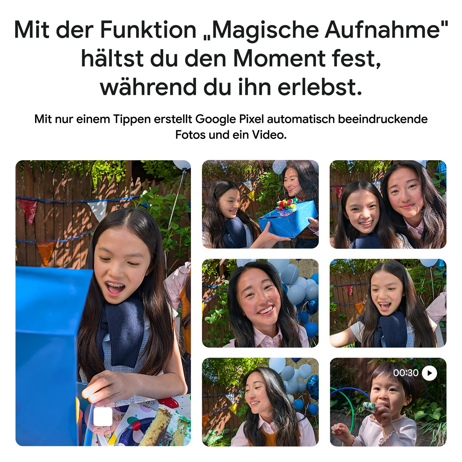 Werbung für die Google Pixel Funktion Magische Aufnahme mit Fotos von zwei Mädchen auf einer Party.