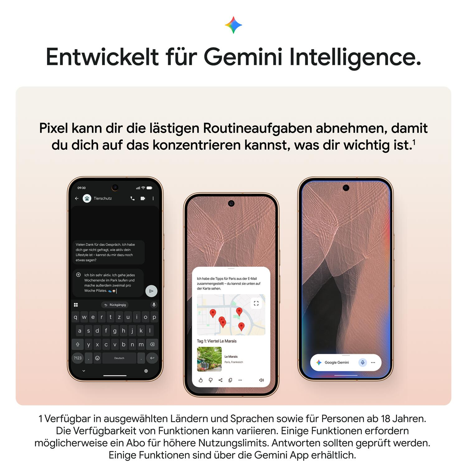 Drei Smartphones zeigen Gemini KI-Funktionen, Chats und Karten vor beigeem Hintergrund mit deutschem Text.