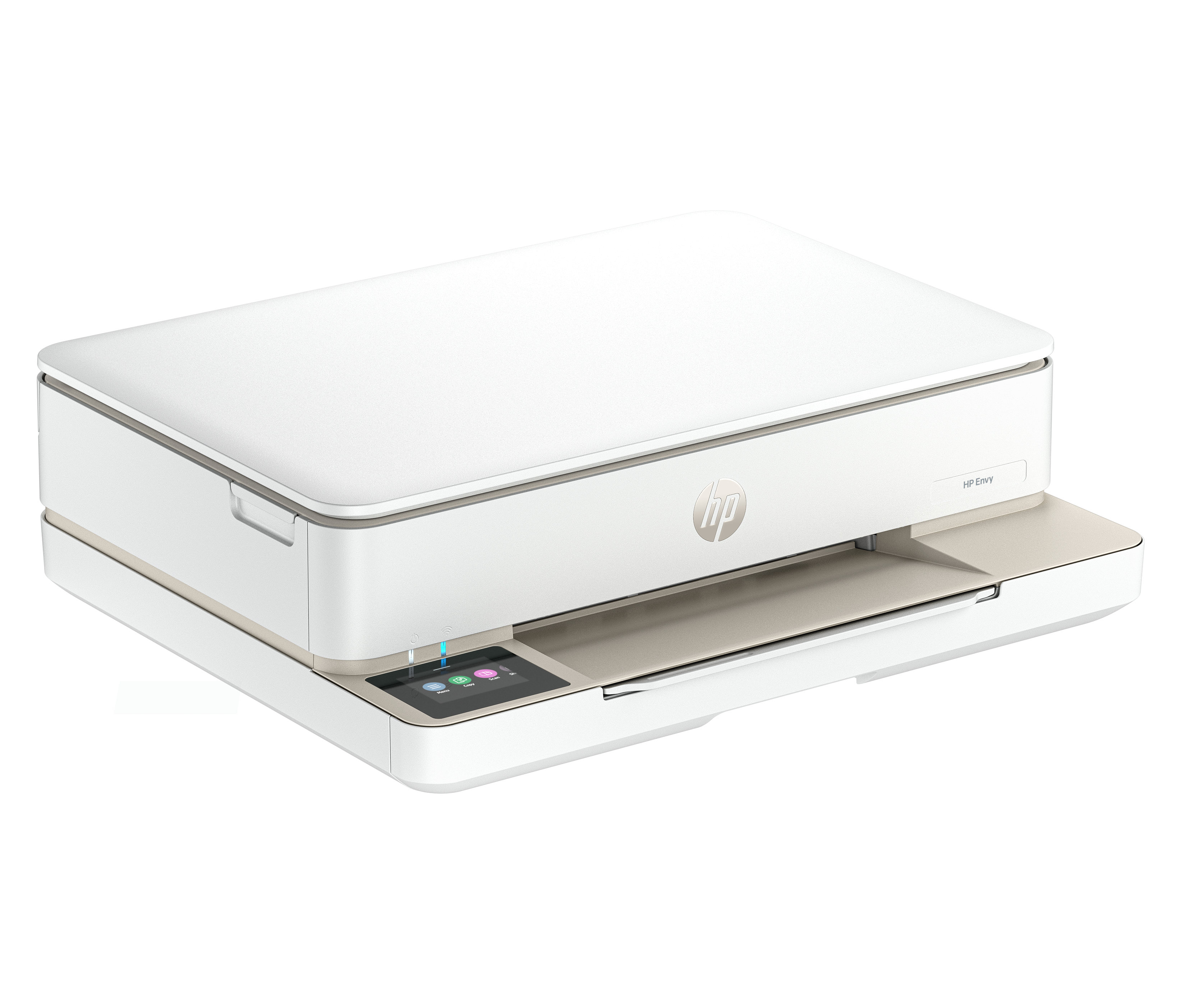 Ein weißer HP Envy Drucker steht isoliert vor einem weißen Hintergrund.