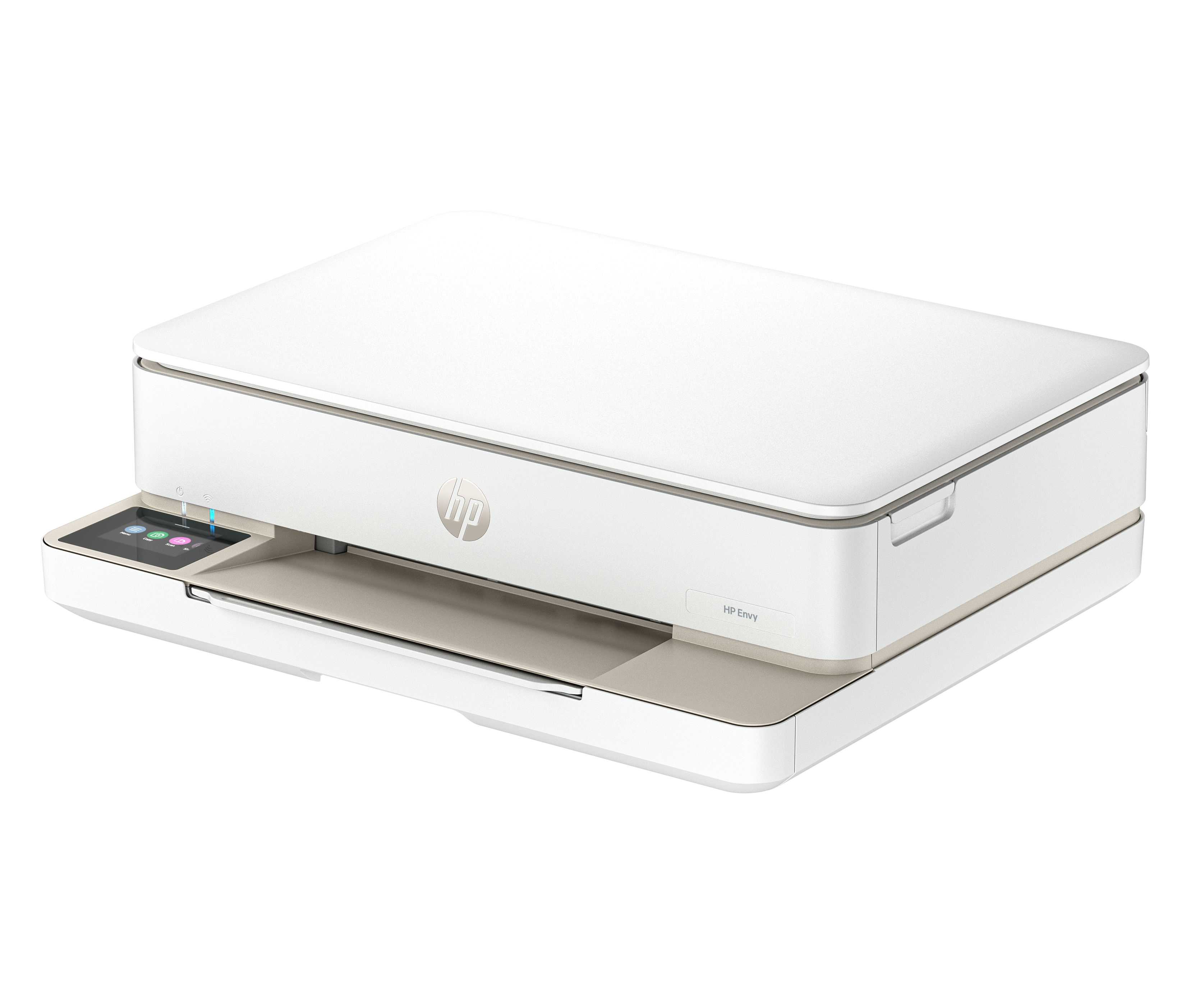 Ein weißer HP Envy Drucker steht isoliert vor weißem Hintergrund.