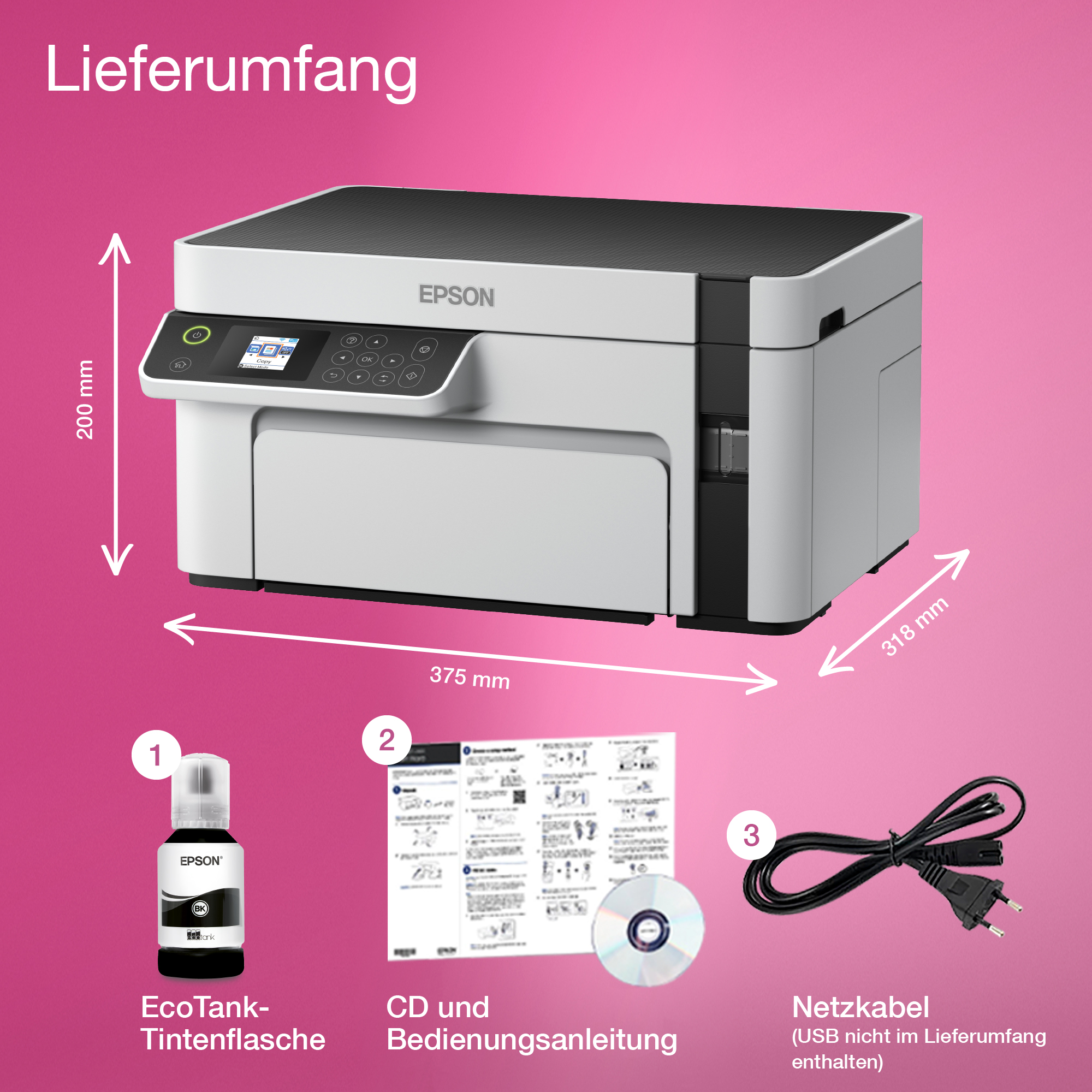 Epson Drucker auf rosa Hintergrund mit Maßen 200x375x318mm, Tintenflasche, Anleitung, CD und Netzkabel.