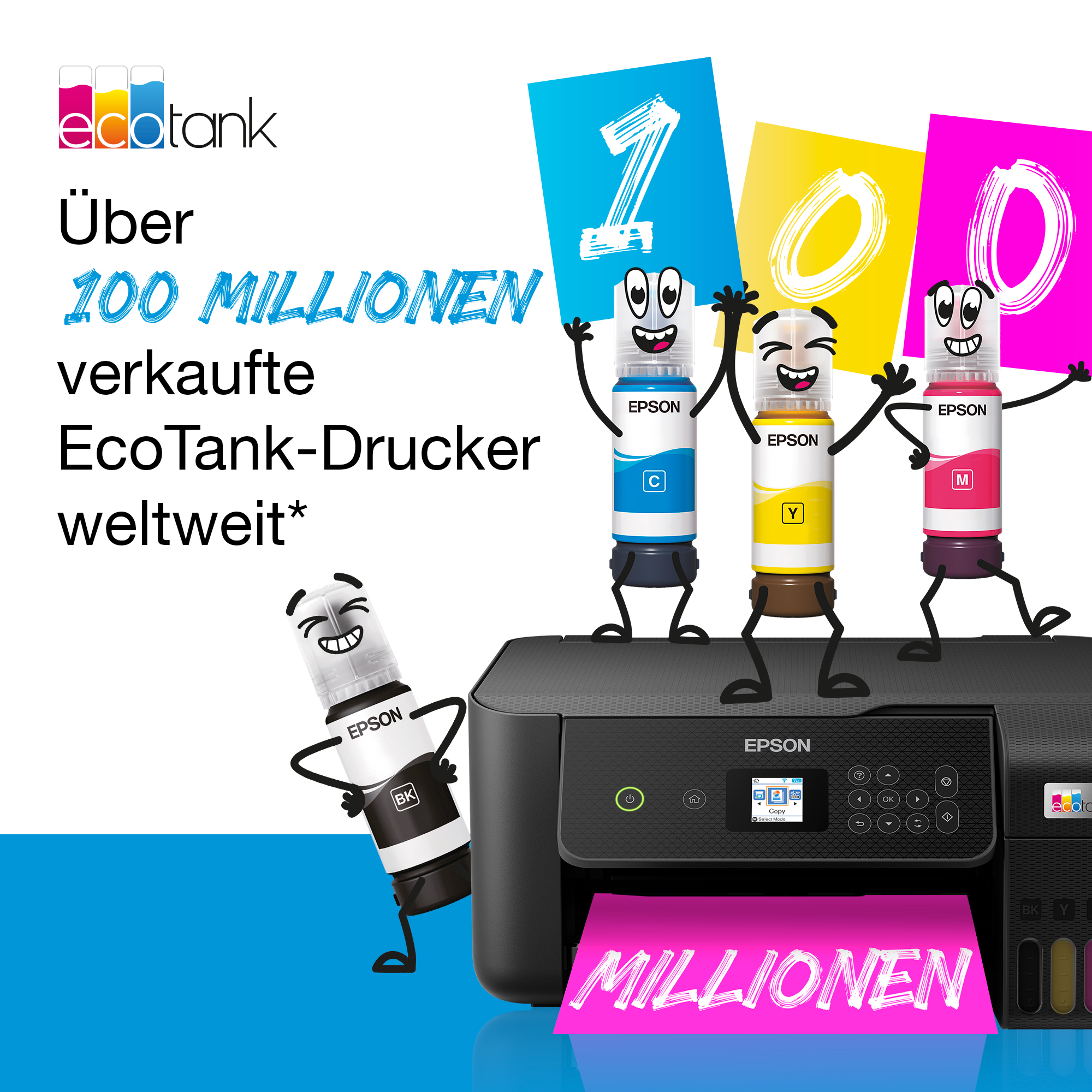 Epson EcoTank-Drucker mit vier bunten Tintenflaschen-Charakteren und deutscher Werbeinschrift.