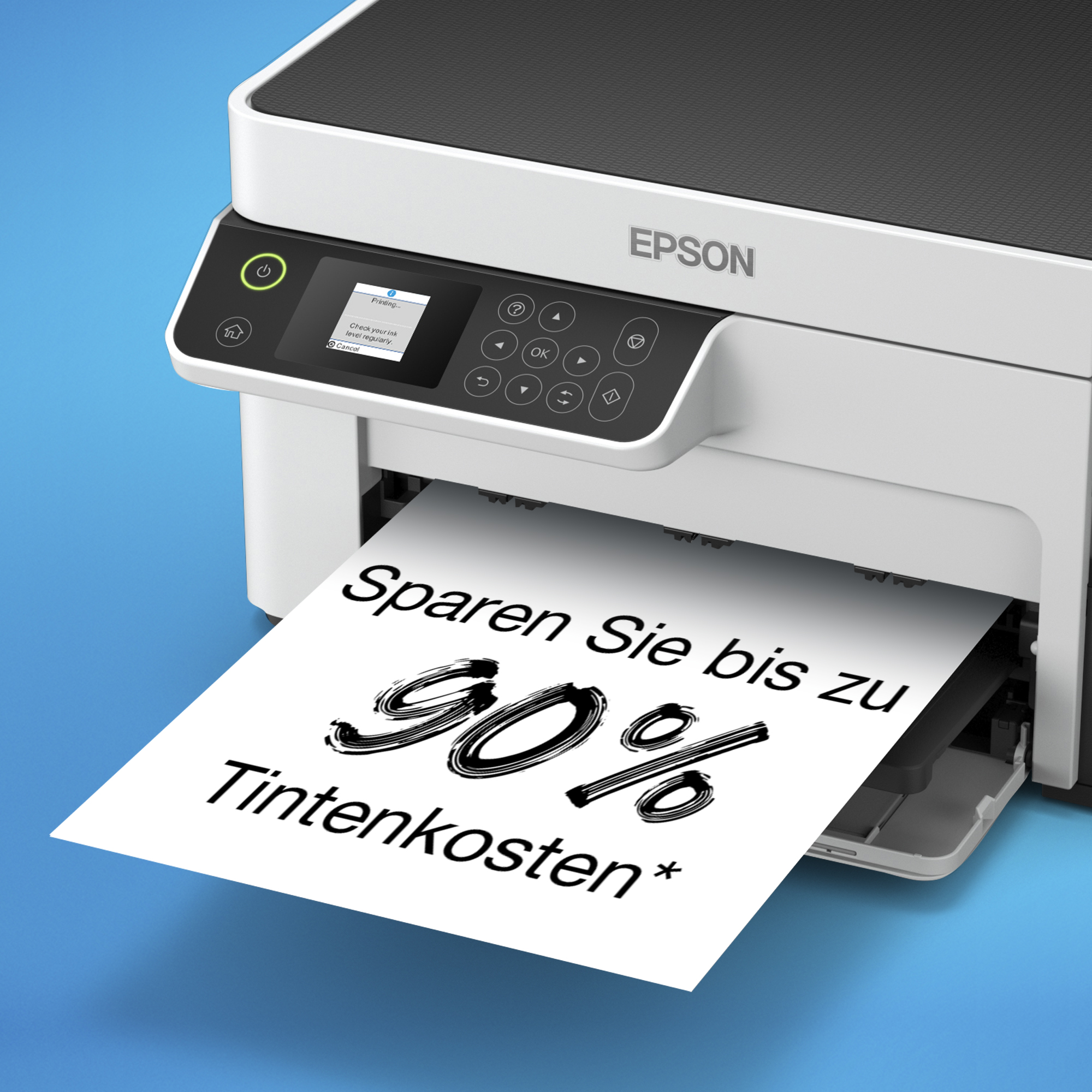 Ein weißer Epson-Drucker druckt ein Blatt mit der Aufschrift Sparen Sie bis zu 90 Prozent Tintenkosten.