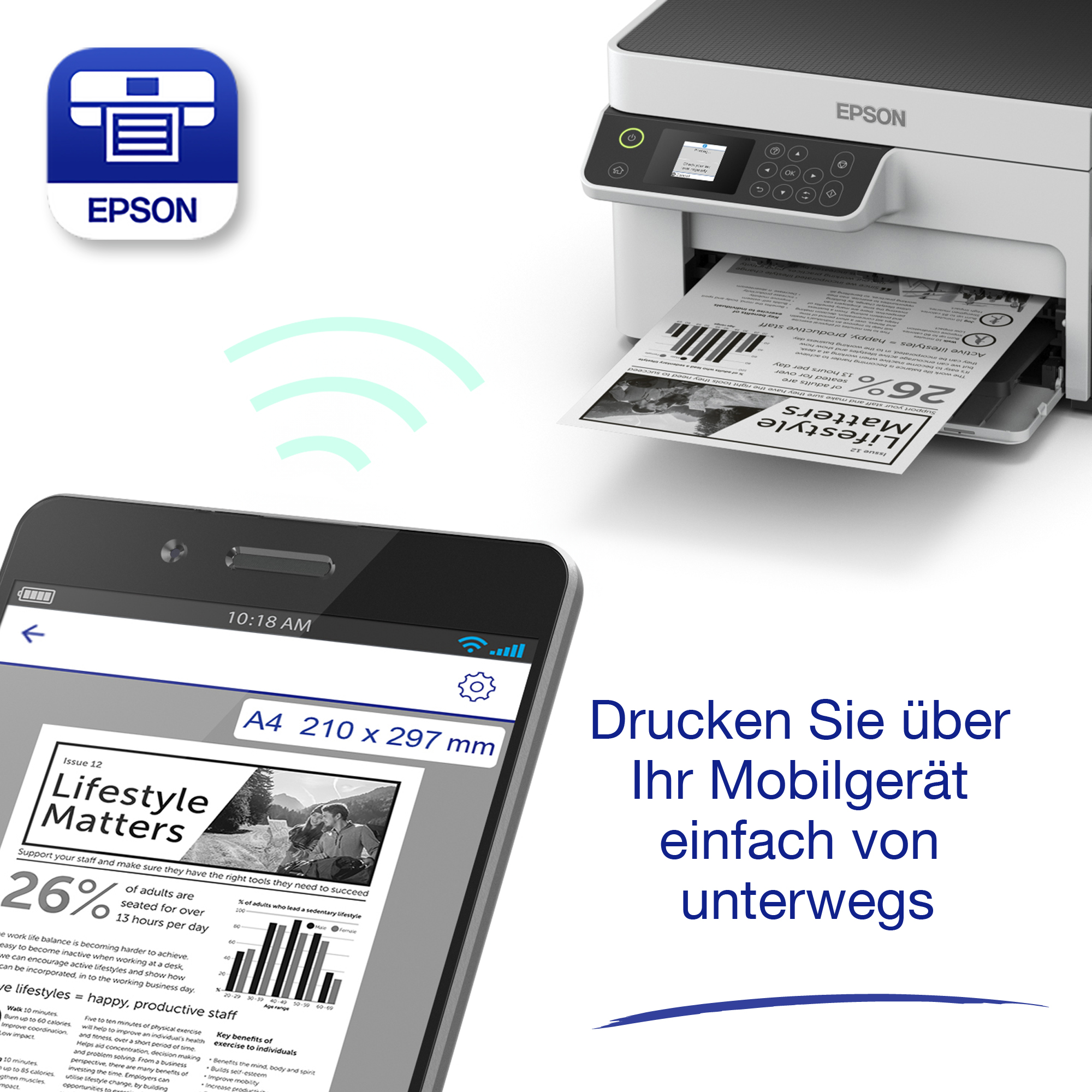 Ein Smartphone sendet drahtlos ein Dokument an einen Epson-Drucker.
