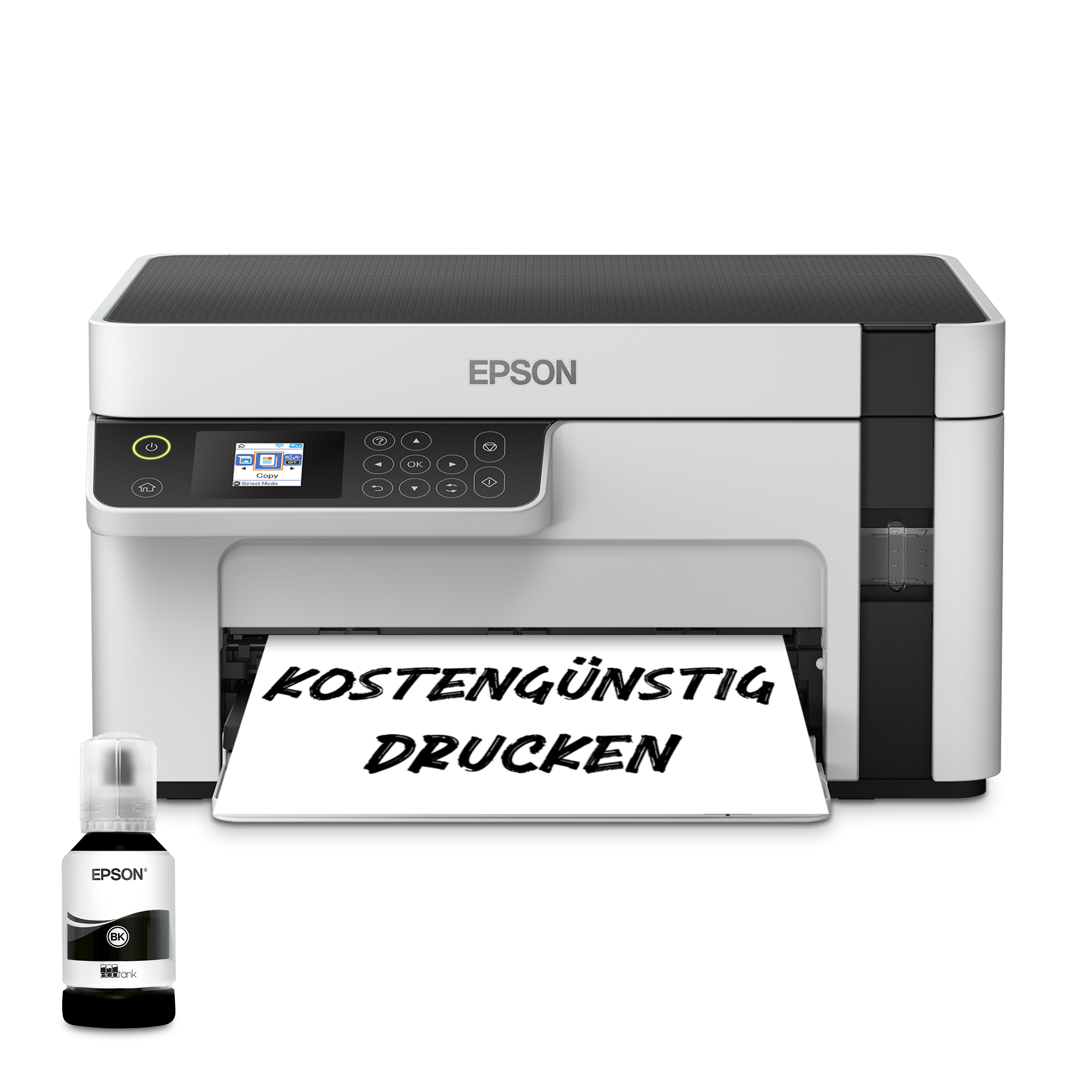 Weißer Epson EcoTank Drucker mit schwarzer Tintentabelle und gedrucktem Text auf Papier.