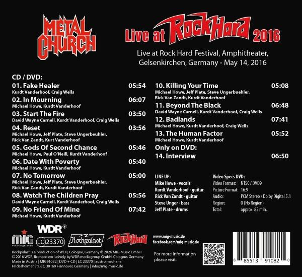 Rückseite einer Metal Church Live-CD/DVD mit Tracklist und Bandinfo auf schwarzem Grund.