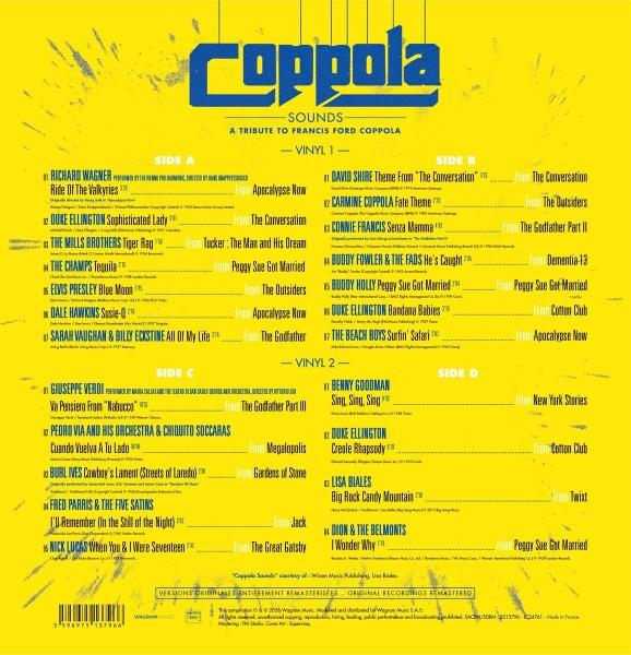 Gelbe Rückseite einer Coppola Sounds Vinyl-Platte mit Tracklist und blauer Schrift.