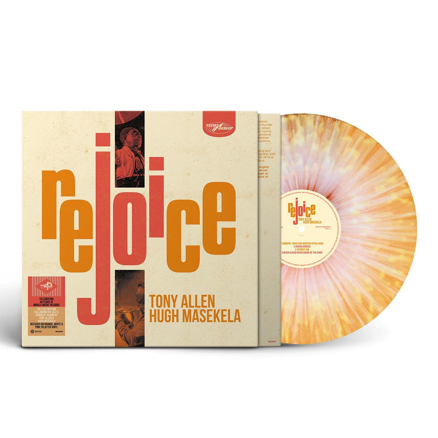 Albumcover und orangefarbenes Vinyl für Rejoice von Tony Allen und Hugh Masekela.