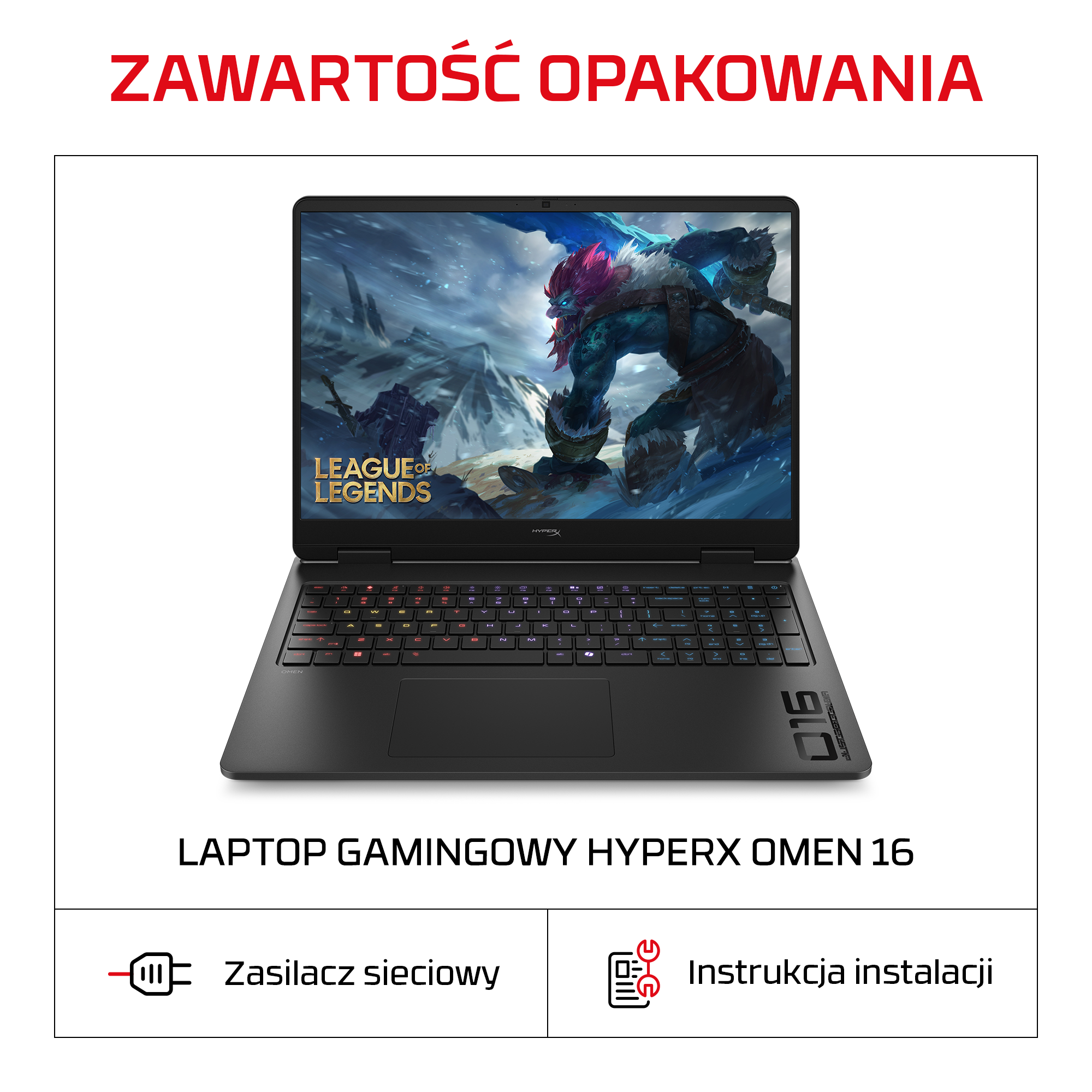 Laptop gamingowy HP Omen 16 z grą League of Legends na ekranie, zasilaczem i instrukcją.