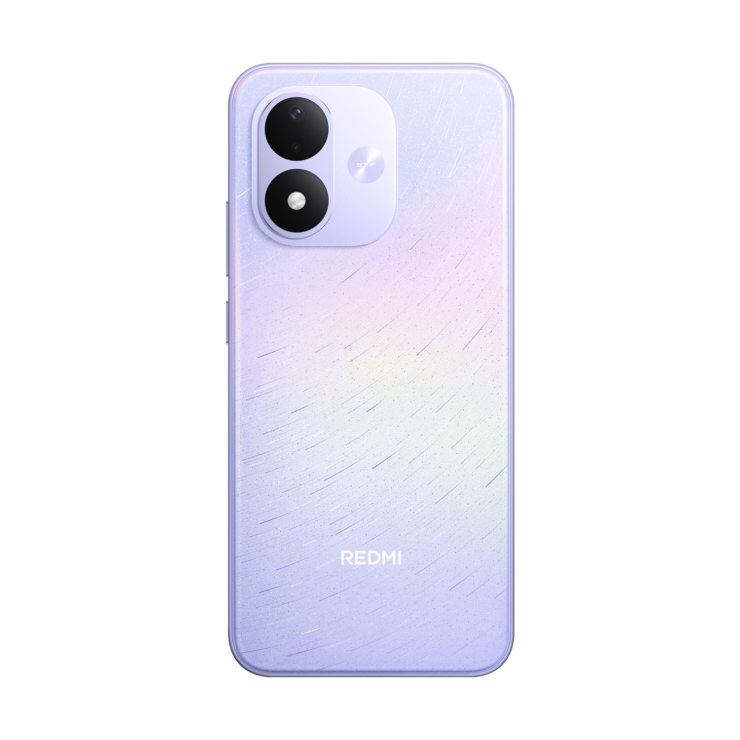 Retro di uno smartphone Redmi viola chiaro con due obiettivi fotografici e il logo Redmi in basso.