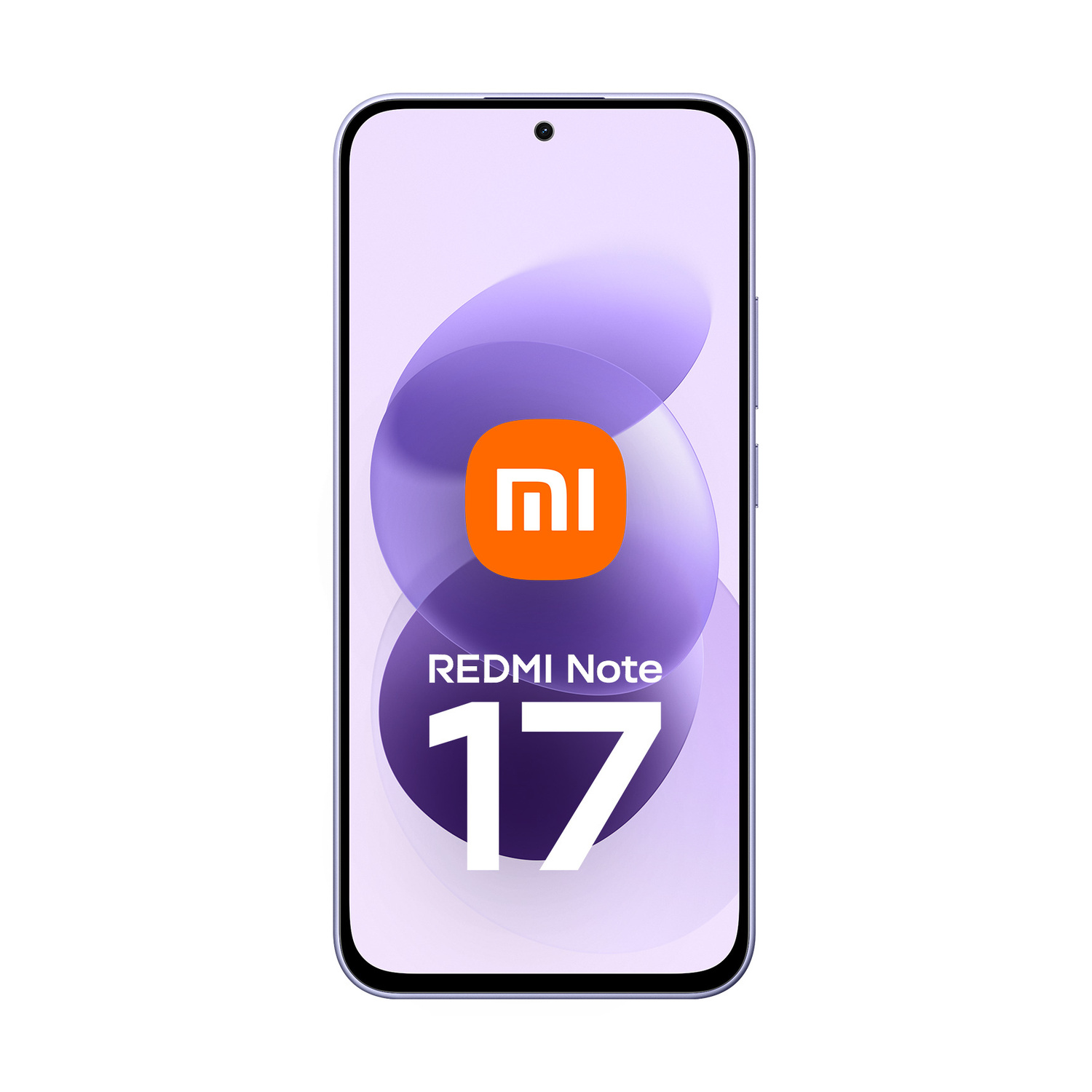 Vista frontale di uno smartphone con sfondo viola, logo Xiaomi e la scritta REDMI Note 17.