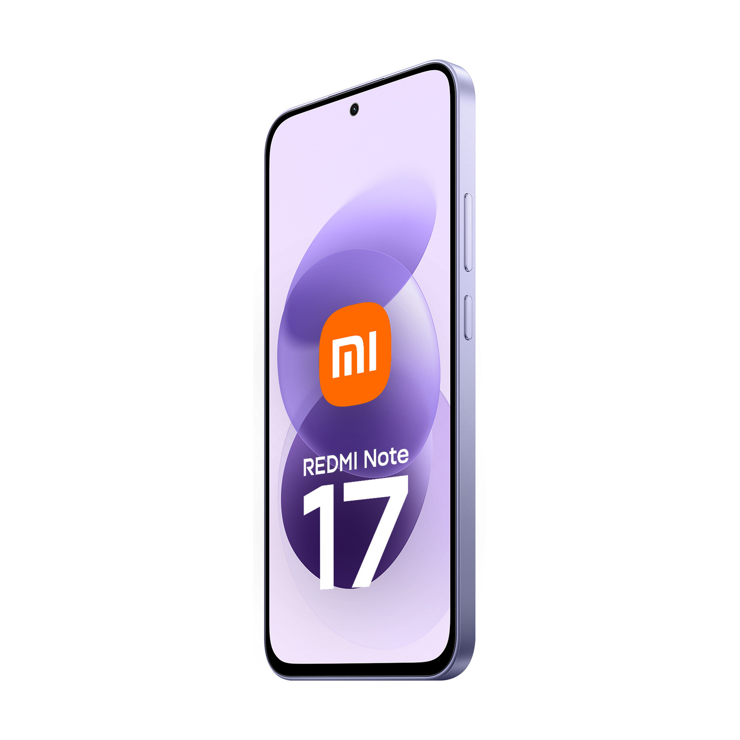 Uno smartphone Redmi Note 17 viola è in piedi, il suo schermo mostra un logo Xiaomi.